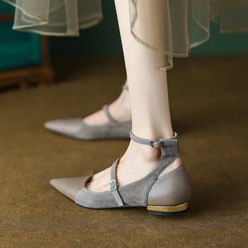 Пролетни дамски обувки-лодка 2023 година, обувки от овча велур, дамски обувки на нисък ток с остър пръсти, цветни обувки, ръчно изработени Mary Janes