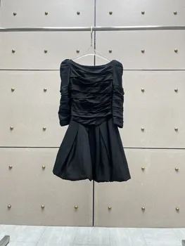 Пролетно нова дамски дрехи 2024, однотонное плиссированное къса рокля с отворено деколте 1218