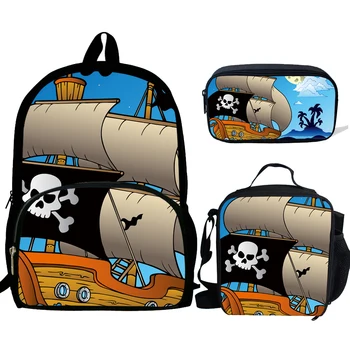 раница с графичен принтом Mochila Skull Pirate Ship, Раница с графичен принтом за момчета, Ученически чанти за момичета, Детски чанта с изображение на книги, Детска, училищна чанта, Комплект от 3ШТ.