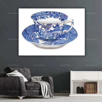 Реколта акварел бяло-синя порцеланова чаена чаша картина върху платно монтаж на стена арт печат на картини плакат в китайски стил декорация на дома