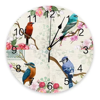 Реколта стенен часовник с цветя и птици, Безшумен начало декор за кафе-сладкарница, офис, стенни часовници за кухни, монтиране на изкуството, големи стенни часовници 25 см