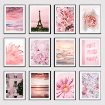 Розови ботанически стенни щампи, принт за спални, коприна плакат, декорация за дома