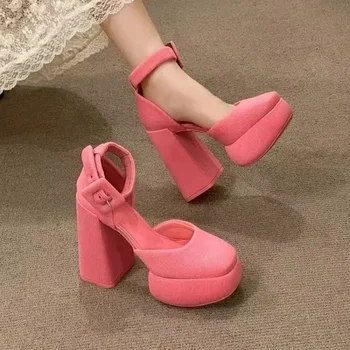 Розови дамски обувки на висок ток, ново 2024 година, пролетно ежедневни дамски обувки на платформа, телесен цвят, с каишка на среден ток, с фин силует, дамски обувки на висок ток