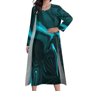 Рокля Blue Curve, Плажно на макси рокля с абстрактно принтом, Дълги рокли в Бохемски стил, Корейската мода Oversize Vestido