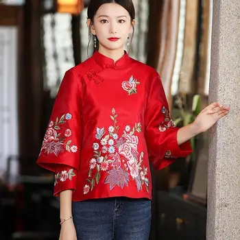 Рокля Тан, женски есента топ с бродерия Hanfu, женски китайски топ с бродерия в национален стил в стил ретро, дамски яке свободно намаляване на палто