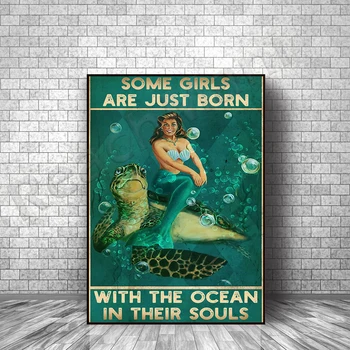 Русалка някои момичета са току-що родени с ретро-плакат ocean soul in, принтом върху платно mermaid океан, плакат mermaid turtle