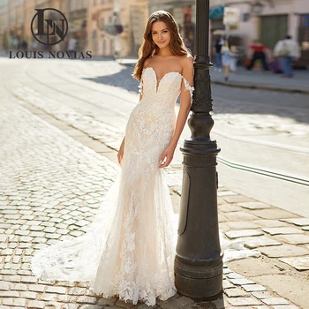 Сватбена рокля-русалка LOUIS NOVIAS 2024 с аппликацией във формата на сърце, с открити рамене, с влак, Сватбена рокля за булката Vestidos De Новия