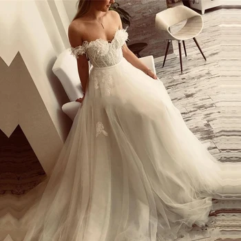 Сватбени рокли ANGELSBRIDEP трапецовидна форма с открити рамене, Robe de mariee, вечерни рокли, на булки от тюл със сексуалната аппликацией дължина до пода