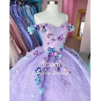 Сиреневое Пищни рокля С Плисета на раменете, Бална рокля, Многоцветен Корсет с 3D Цветя-Пеперуди, Сладко 15 Vestidos De Quinceañera