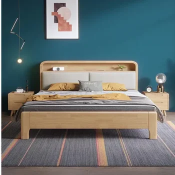Скандинавска легло от масивно дърво 1,5 м, трупи с подсветка, Модерен минимализъм 1,8 м, Двойно легло за съхранение в Главната спалня, Висок кутия за съхранение на вещи