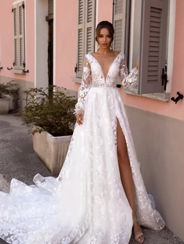 Скромни сватбени рокли трапецовидна форма, с дълги ръкави и арабската завързана аппликацией новия Country Wedding Bride