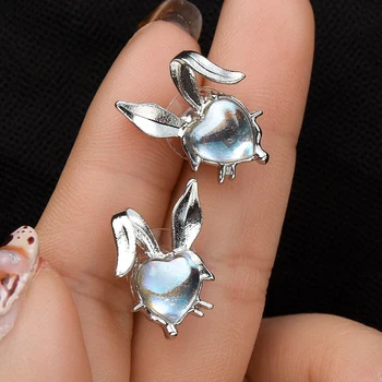 Сладки обеци-карамфил със заек във формата на сърце от Лунния камък, за жени и момичета, Корейски обеци с перли във формата на заек, Креативни Модни обеци, Бижута подарък Y2K