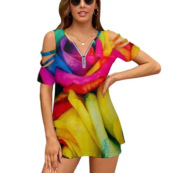 Смела Жена тениска Rainbow Of Roses, Нова мода, Ризи с цип, с V-образно деколте и къс ръкав, Ежедневни Тениски Размер Плюс, Bold Rainbow
