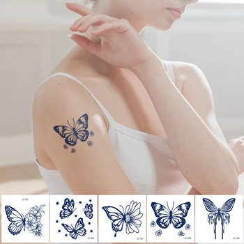 стикер с временна татуировка във формата на пеперуда, мастило от билков сок, естествена водоустойчива татуировка, фалшив синьо цвете, сладък татуировка на ръката и шията за жени