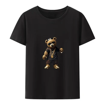 Стръмен мечка със златна верига, Памучни тениски Y2k, мъжки облекла в стил аниме, стрийт фешън, дишащи свободни тениски с чувство за хумор за отдих,