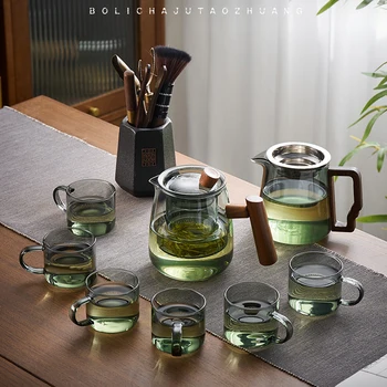 Стъклен Чайник GIANXI С Дървена Дръжка Китайска Чаена Церемония Чист Чай Кунг-Фу Чай Набор За Приготвяне на Чай Топлоустойчива Стъклена Кана