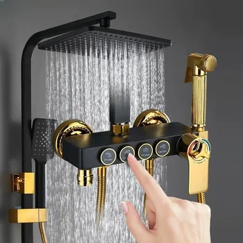 Термостатичен душ комплект, СПА-дъждовна система с квадратна глава, Монтиране на стена за баня, Черен смесител за вана, смесител за топла и студена вода, Мед кран