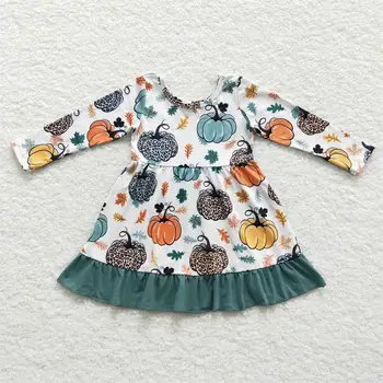 Търговия на едро с Детски леопардового рокли под формата на тиква с дълги ръкави За бебета, Момичета за Деня на Благодарността, Децата на Хелоуин, зелена дреха с волани