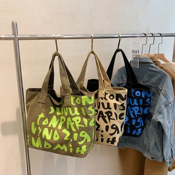 Удебелена выстиранная Дамски холщовая чанта-тоут Голям капацитет за момичета, универсална чанта за крайградски пътувания, мода Реколта чанта