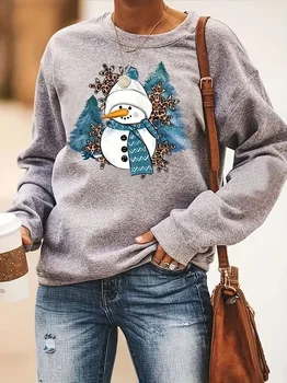 Универсална Сивата тениска с принтом на Снежен човек да Изглежда добре В стил Харадзюку 2023, Есен Нова Ежедневни Модни hoody, Дамски дрехи