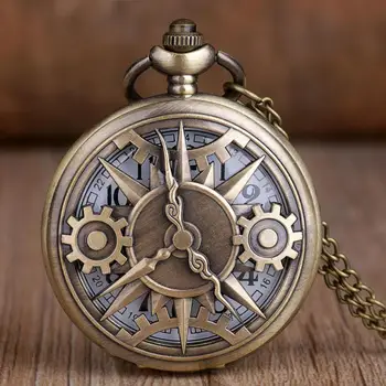 Уникални кристални джобни часовници в ретро стил, бронз, steampunk, дизайн с кухи шестерней, с веригата за колиета, подарък за почивка, мъжки часовник