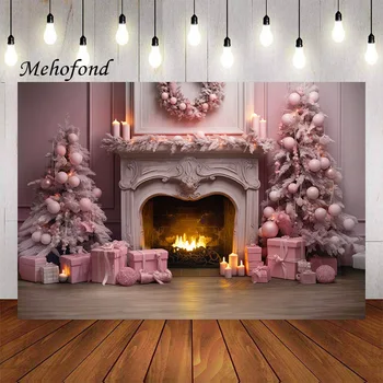 Фон за снимки Mehofond Розово Коледа камина, Подаръци, Коледна елха, Портретна декор за вашето семейно парти за момичета, на фона на фото студио