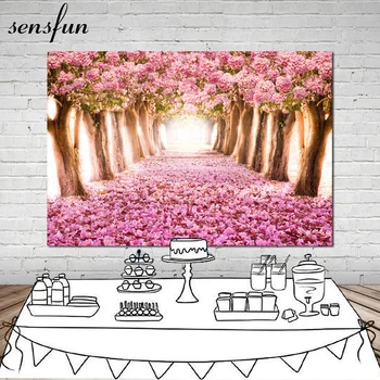 Фон за снимки Sensfun Розово цвете дърво за сватба, рожден ден, Романтична фон за фото студио, винил 7x5 фута