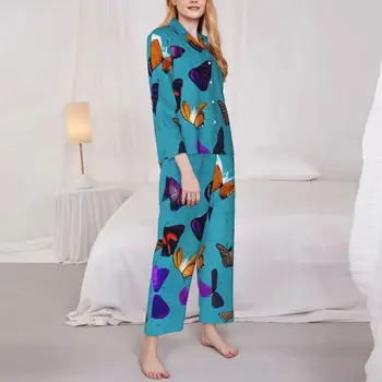 Цветни пижами с пеперуди, есенни пижамные комплекти с анималистичным принтом, женски пижамные комплекти оверсайз с дълги ръкави, модерен дизайн за спане, пижами за сън