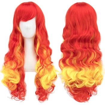 Червен Жълт Червен цвят на косата Омбре Cosplay Перуки с бретон Костюм за Хелоуин Перука за жени