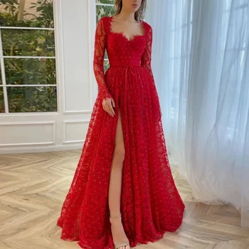 Червена рокля с кристали, дълги ръкави, рокли за абитуриентски бал с висока цепка, сватбена рокля за бала от тюл рокля за бала трапецовидна форма, по-големи размери