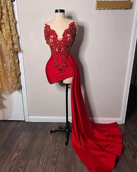 Червени, прозрачни Къси рокли за абитуриентски бал, бродирани с мъниста, секси рокли за партита по повод рождения Ден на черни момичета, африкански мини коктейлни рокли за завръщането си у дома