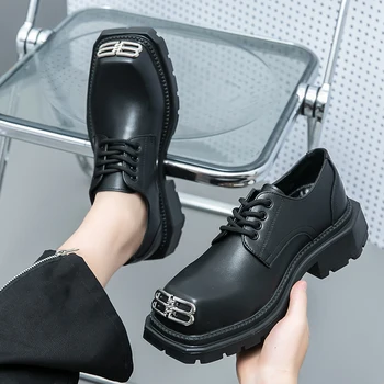 Черни обувки-дерби, мъжки обувки на платформа, обикновен мъжки модел обувки с квадратни пръсти, дантела, Размер 38-44