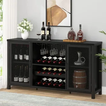Черно Вино кабинет с Виното и рафтове за съхранение на алкохол и Алкохолни напитки, Селска Винен шкаф за Домашно дневна-трапезария, Черен Дъб, 55 инча