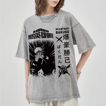 Японската тениска на My Hero Academia, Лятна тениска Harajuku Bakugou Katsuki, потертая застиранная плат в американски стил, Къс ръкав