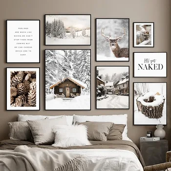 Модерното домашно изкуство Живопис върху платно Зимен горски пейзаж с Бял сняг Лосове Плакат с бор Украса на ресторанта Стенопис